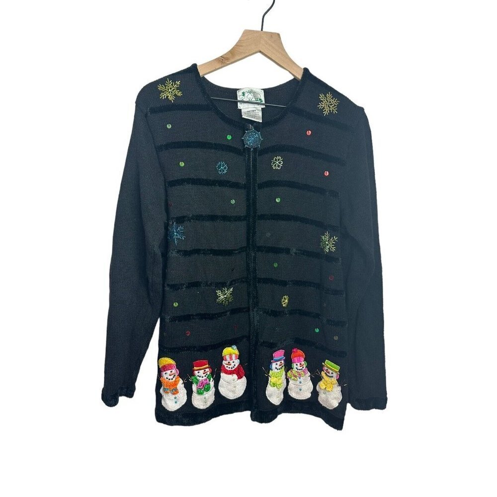 Quacker‎ Factory Snowman Cardigan Zip ugly Sweater Beaded Sequins Womens Sz M